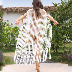 Cardigan de plage tricoté à pompons, cache-maillot en maille ajourée, ample, pour les vacances
