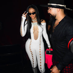 Pantalon une pièce à manches longues et épaules dénudées, ajouré, découpé, transparent