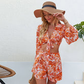 Printed Waist Lace up Deep V Plunge Long Sleeve Cropped Outfit Top Shorts Set