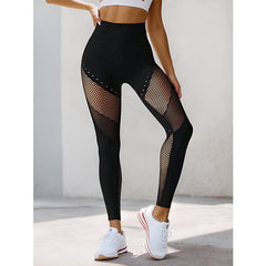 Nahtlose, hoch taillierte, hüfthohe, schmale Trainingshose mit Netzstoff und Aussparungen, atmungsaktive, pfirsichfarbene Hüft-Lauf-Yogahose