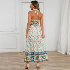 Crossover-Kleid mit Schnürung und Neckholder, überkreuzt, böhmisches Vintage-Blumenkleid