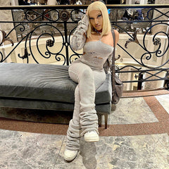 Woolen Oversleeve Halter Lace up Hollow Out Cutout Jumpsuit Pile Pants