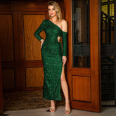 Weihnachtsenges Kleid Elegantes Paillettenkleid Asymmetrisches Abschlussball-Abendkleid