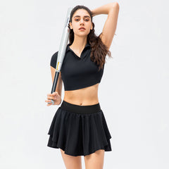 Ensemble jupe de tennis, haut de sport à manches courtes, doux pour la peau, sensation chair, jupe courte de course ample, leggings à jupe faux deux pièces