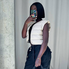 Gilet rembourré en coton à col rond et boutons-pression, couleur unie, slim, sans manches