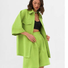 Solid Color All Match Office Collared Drop Shoulder Twet Outfit Straight Shorts Set