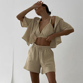 Unterwäsche Doppellagiger Gaze-Pyjama Dreiteiliger Kurzarm-Shorts-Oberbekleidung Homewear