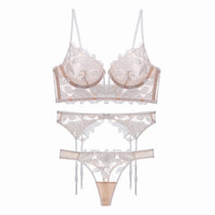 Underwear 3 Piece Suit with Steel Ring Push up Deep V Plunge Plunge Ultra-Thin Yarn Embroidered Bra Garter Underwear