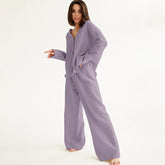 Double Layer Crepe V-neck French Loose Comfortable Long Sleeve Pajamas Cotton Linen Homewear Set