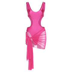 Cutout Tight Sleeveless Jumpsuit Mesh Lace up Skirt Set