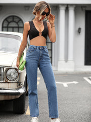 Retro High Waist Denim Straight Leg Trousers