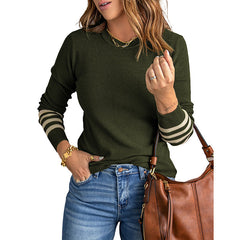 Green Striped Sleeve Plain Knitted Sweater Pullover Sweater