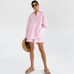 Cotton Linen Pajamas Long Sleeve Loose Shorts Two Piece Suit Outerwear White Homewear