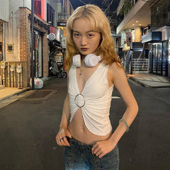 Pull-over sans manches à col rond et manches courtes, couleur unie, style décontracté