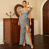 Ärmelloses, elegantes, langes, rückenfreies Abendkleid mit Pailletten und Schlitz