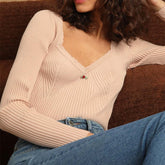 Fall Rose Sweater Sweet Lace V neck Thread Fitted Solid Color Bottoming Shirt