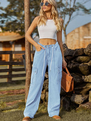 Denim Drawstring Adjustable Washed Cargo Pants Trousers Casual Pants