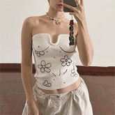 Knitted Floral Embroidered Wrapped Chest Short Top Vest Outer Wear