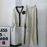 Contrast Color Sweater sets V neck Long Sleeve Cardigan Top Loose Elastic Wide Leg Pants Two Piece sets