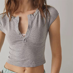 Casual V neck Cropped T shirt Short Sleeved Open Collar Tight Top Casual