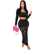 Thread Burning Square Collar High Waist Slim Fit Hollow Out Cutout Set