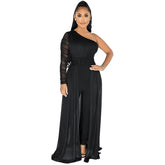 One Shoulder Diagonal Collar Long Sleeve Trousers Jumpsuit