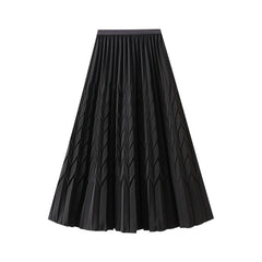 Elastic High Waist Solid Color Pleated Skirt Mid Length A line Large Hem Skirt