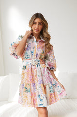 Printed Bohemian Dress Lantern Short Sleeve Belt Single Breasted A Line Dress