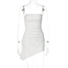 Solid Color off the Neck Side Drawstring Ruffled Beveled Split Dress