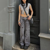 Street Retro Low Waist Denim Overalls Bedruckte große Taschen Gerade Freizeithose