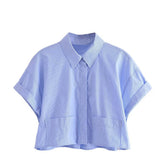 Collared Curling Short Sleeve Poplin Short Shirt