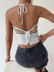 Backless Lace up Halter Rainbow Striped Spaghetti Straps Top