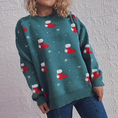 Pull de Noël à manches longues et col rond, bas de Noël, pull épais en jacquard
