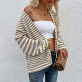 Cardigan décontracté en tricot à boutons, pull rayé à col en V et manches lanternes