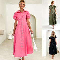 Einfarbiges, lässiges Kleid mit hoher Taille und Kragen