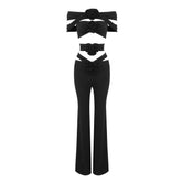 Black Cross Strap Three Dimensional Floral Two Piece Casual Set Vest Pants