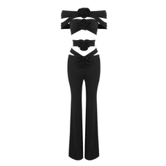 Ensemble deux pièces décontracté à bretelles croisées noires et motif floral tridimensionnel