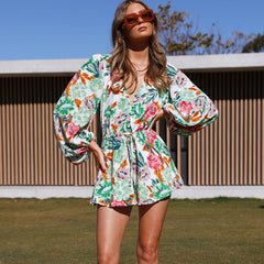 Deep V Plunge Plunge Lace Printing Lantern Sleeve Romper