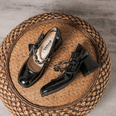 Women's Bow High Chunky Pumps Shallow Mouth Patent