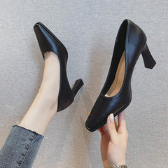 Women's High Black Square Toe Professional Chunky Heels