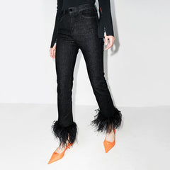 Ostrich Feather Stitching Straight Leg Pants High Waist Western All-Matching Slimming Casual Jeans