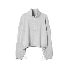 Herbst Waffelpullover Langarm Reißverschluss Poloshirt Kordelzug Taille Casual Pullover