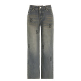 Hip Hop Low Waist Retro Distressed Printed Simple Letter Graphic Jeans Loose Street Casual Wide Leg Pants Trousers
