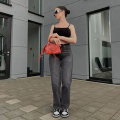 Hohe Taille Gerade Jeans Reines Schwarz Casual Lose Hängenden Straße