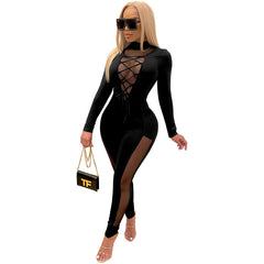 Lace Up Stitching See Through Long Sleeve Jumpsuit