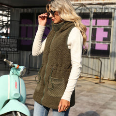 Hooded Sleeveless Zipper Mid Length Solid Color Adjustable Waist Bubble Velvet Vest