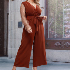 Plus Size Lace up Sheer Long Sleeve Straight Loose High Waist Solid Color