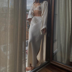 Satin Drapiertes Mop Maxikleid Seitenschlitz High Waist Rock