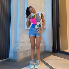 Street Hipster Halbrollkragen Kurzarm Geometrisch Abstrakt Bedrucktes Slim T-Shirt