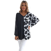 Stitching Leopard Print V neck Boyfriend T shirt Sweater